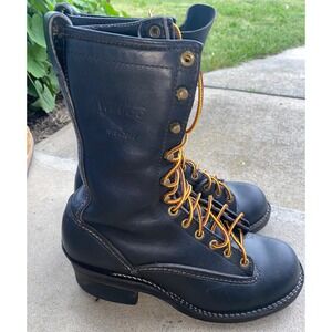 VTG Wesco 9in Highliner Logger Boots Black Leather Vibram Sole Mens 7 B 1993